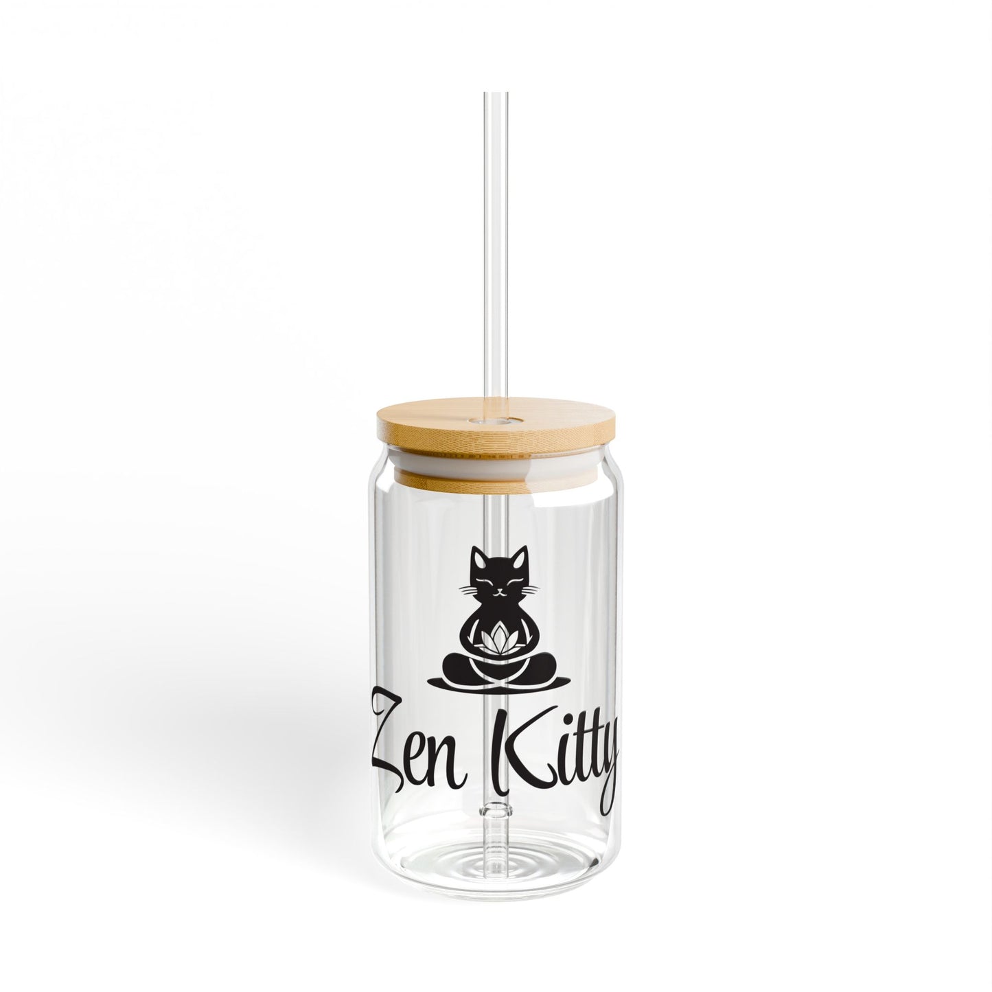 Black Zen Kitty 16oz Sipper Glass with Bamboo Lid - Perfect for Cat Lovers