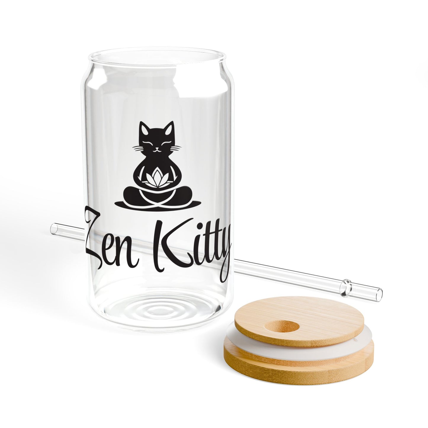 Black Zen Kitty 16oz Sipper Glass with Bamboo Lid - Perfect for Cat Lovers