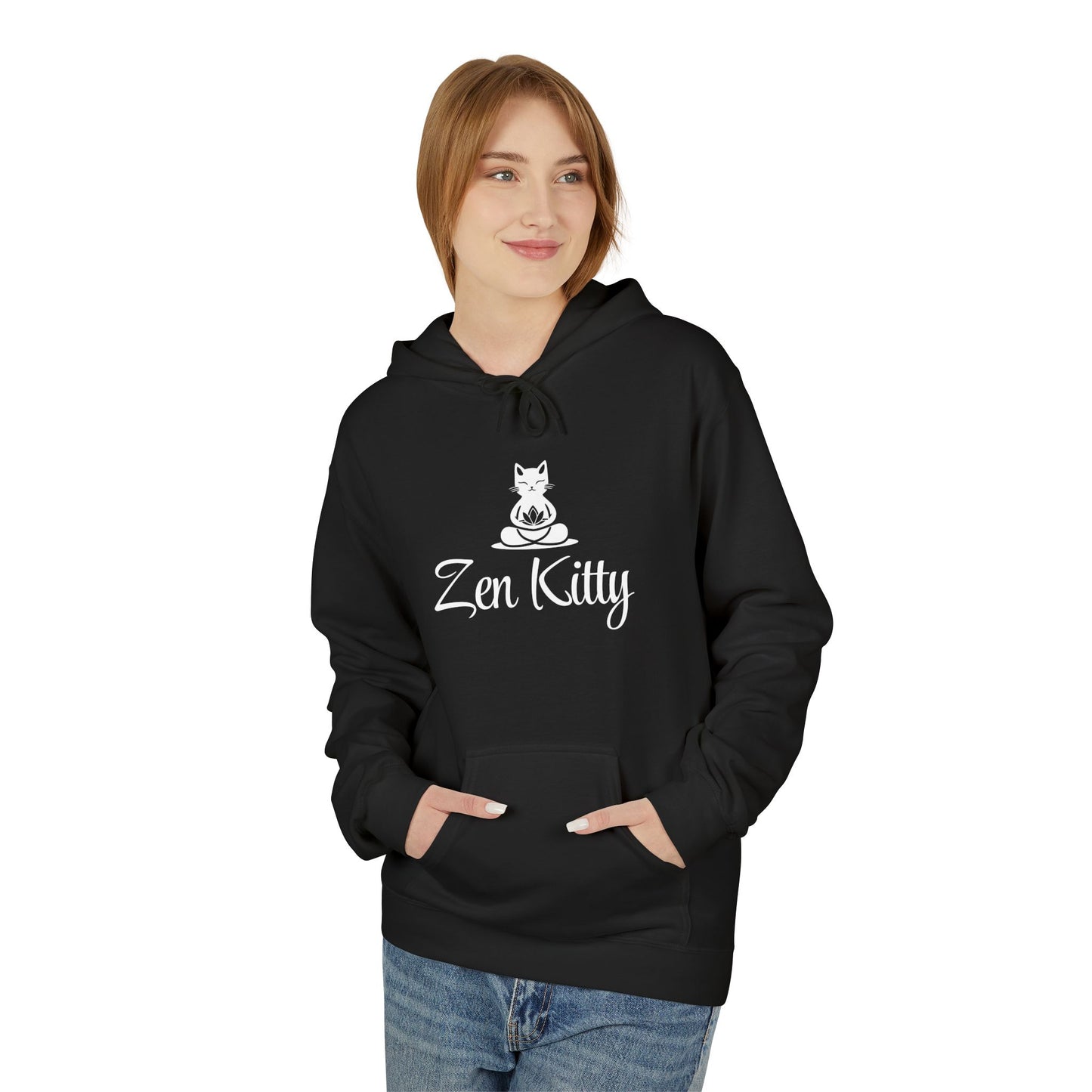 Black Zen Kitty Cozy Unisex Softstyle Fleece Hoodie - Perfect for All Seasons