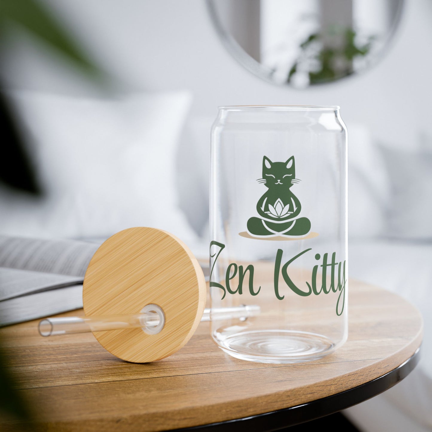 Zen Kitty 16oz Sipper Glass with Bamboo Lid - Perfect for Cat Lovers