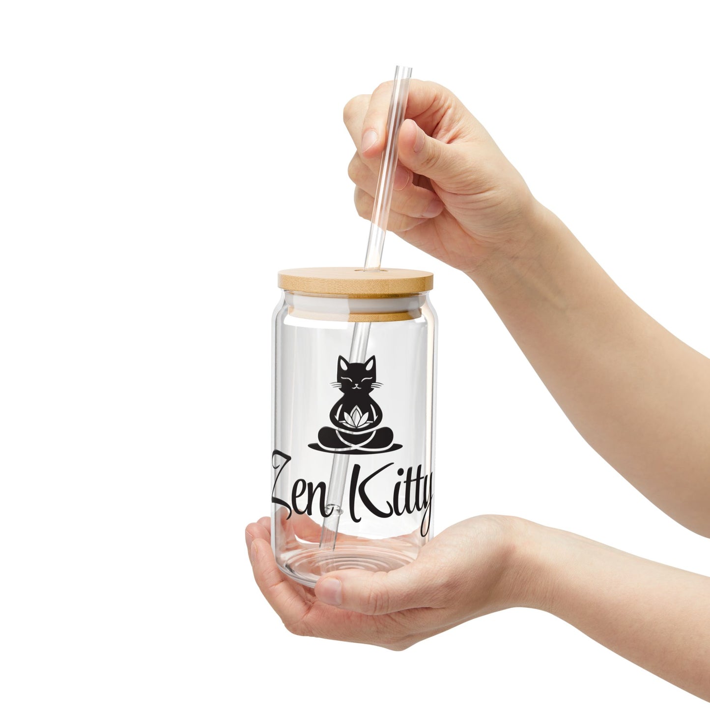 Black Zen Kitty 16oz Sipper Glass with Bamboo Lid - Perfect for Cat Lovers