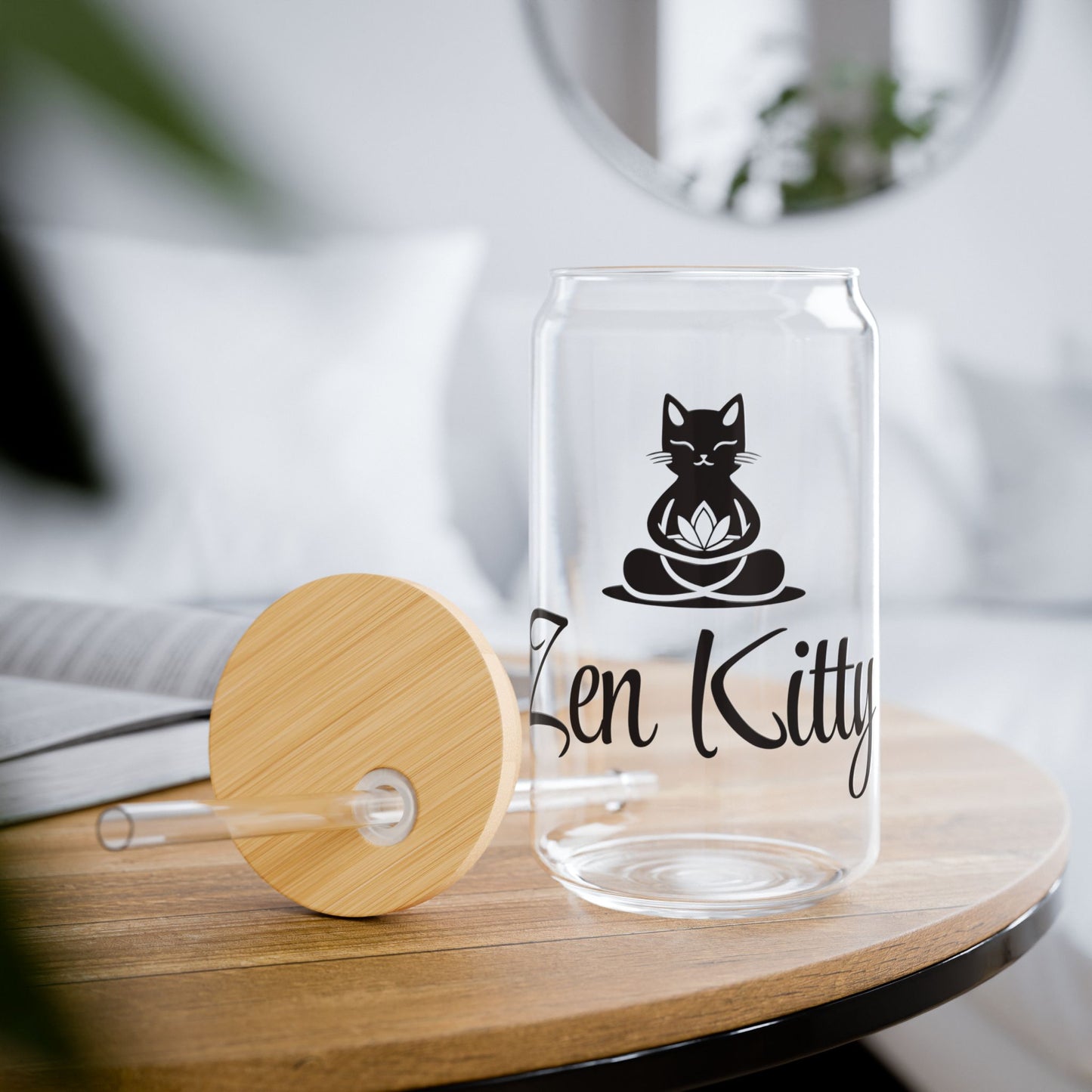 Black Zen Kitty 16oz Sipper Glass with Bamboo Lid - Perfect for Cat Lovers